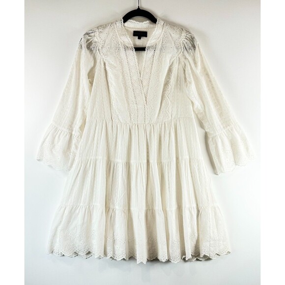 Hale Bob Womens Dress White Mila Mini Fit Flare Eyelet V Neck Tiered Boho Small - Picture 2 of 12